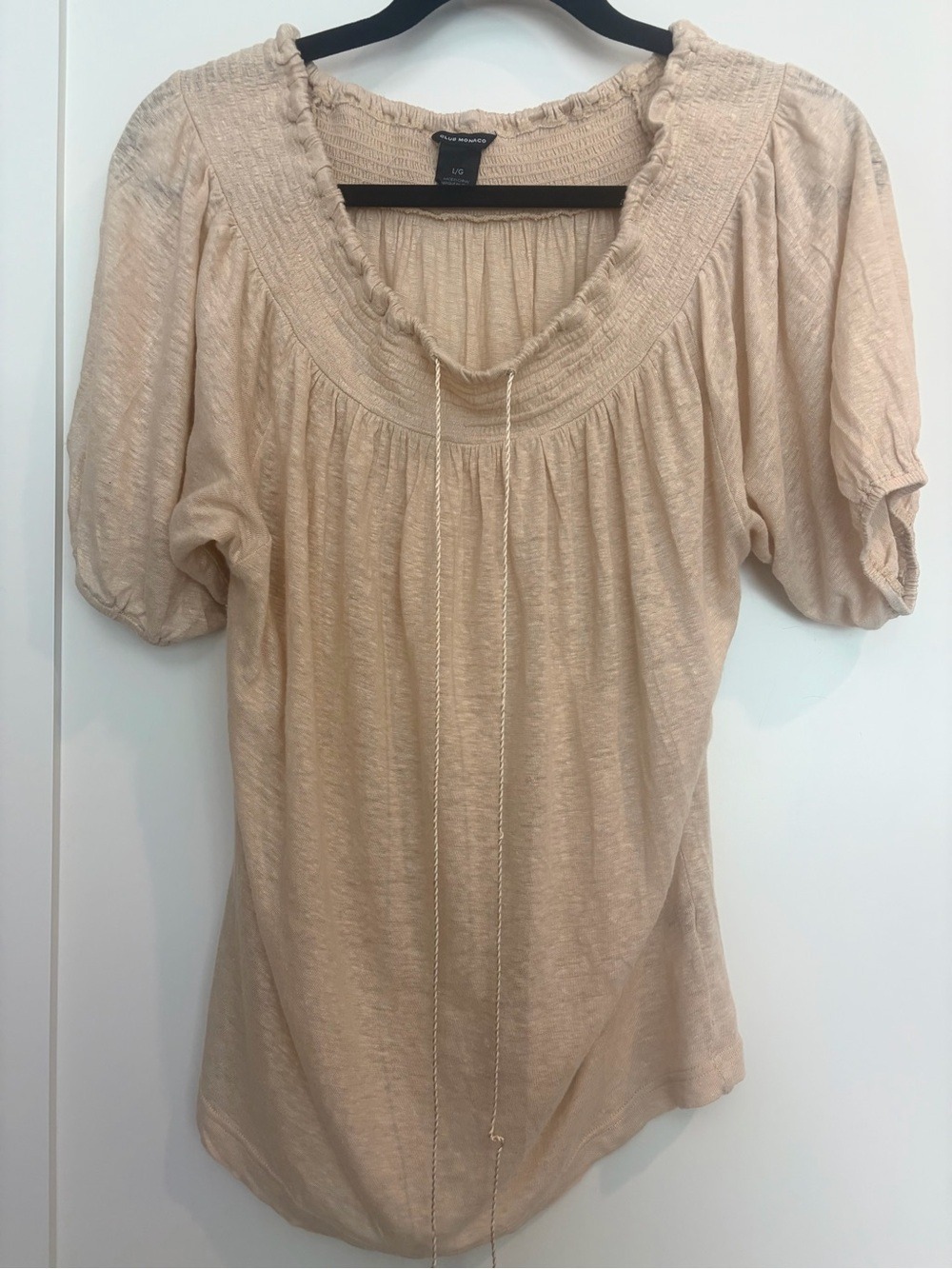 Club Monaco 100% Linen Smocked Peasant Top | Large | Beige